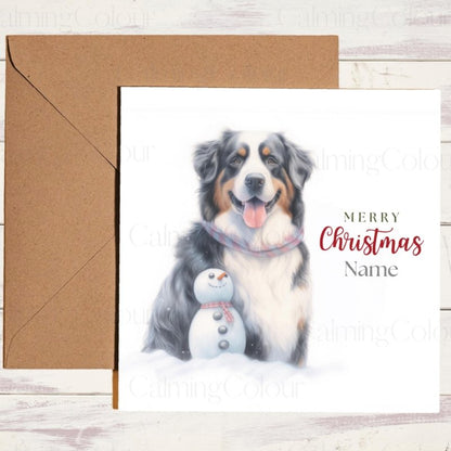 Bernese Mountain Dog Beside Snowman | Christmas Card | Christmas Card