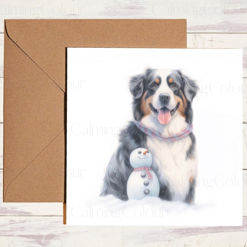 Bernese Mountain Dog Beside Snowman | Christmas Card | Christmas Card