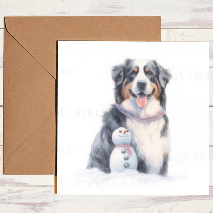 Bernese Mountain Dog Beside Snowman | Christmas Card | Christmas Card