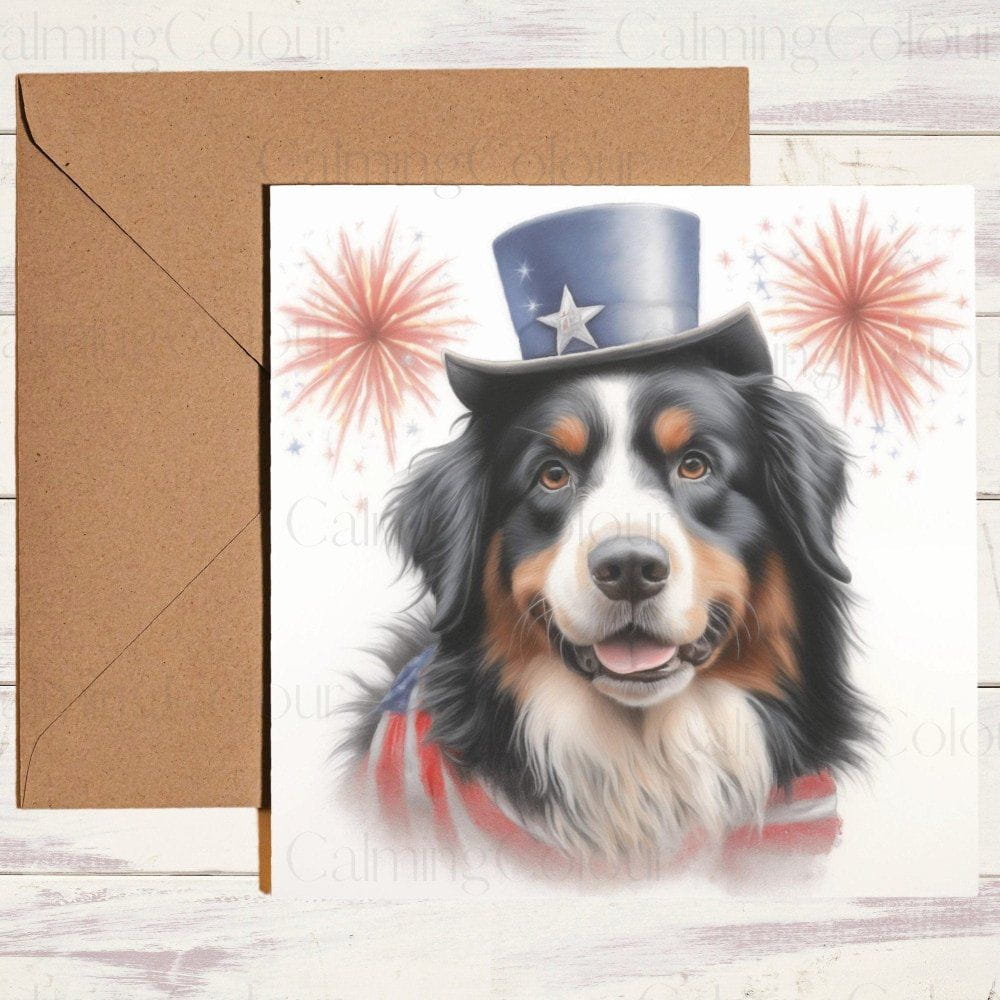 Bernese Mountain Dog Smiling | Wearing Stars + Stripes Top Hat | Calming Colour