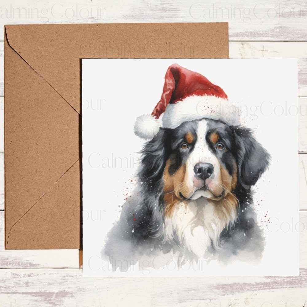 Bernese Mountain Dog wearing Red Santa Hat | Christmas Card | Calming Colour