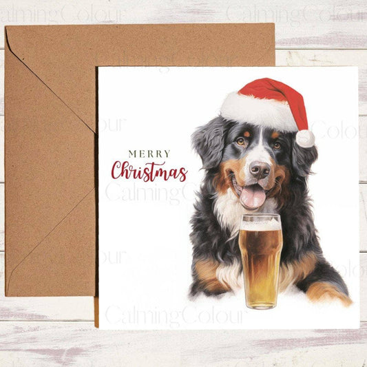 Bernese Mountain Dog with a Pint and Red Santa Hat | Christmas Card | Calming Colour