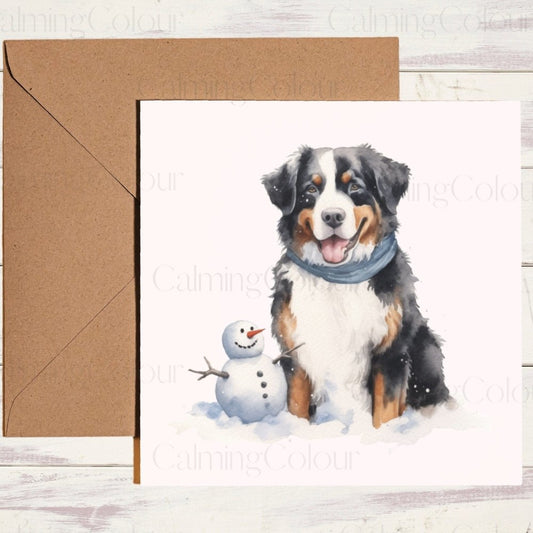 Bernese Mountain Dog with Adorable Mini Snowman | Christmas Card | Calming Colour