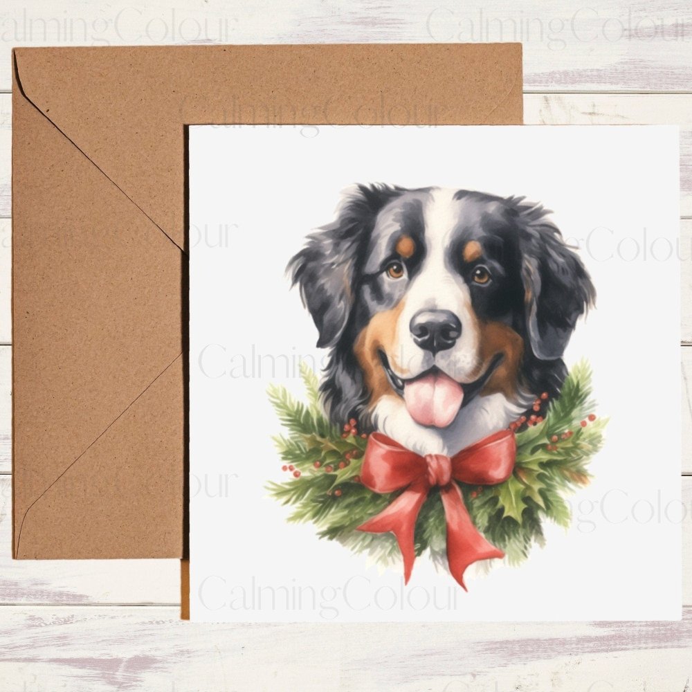 Bernese Mountain Dog with Red Bow Tie | Christmas Card | Calming Colour