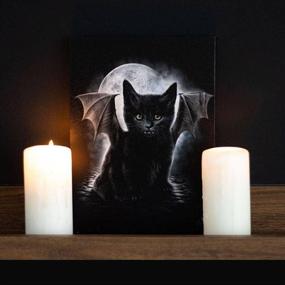 Black Bat - Cat against Full Moon | Canvas Plaque (19x25cm) | Calming Colour