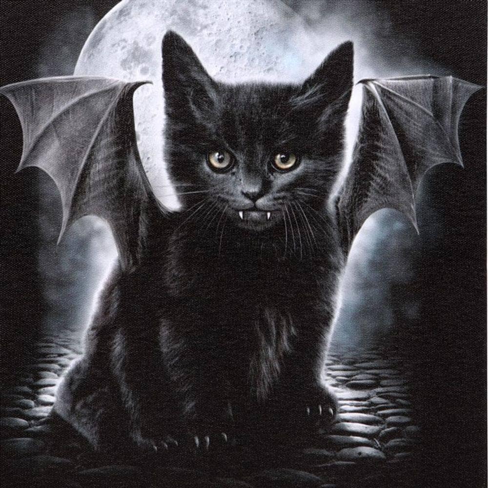 Black Bat - Cat against Full Moon | Canvas Plaque (19x25cm) | Calming Colour