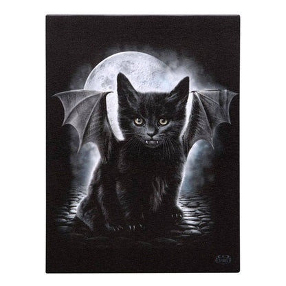 Black Bat - Cat against Full Moon | Canvas Plaque (19x25cm) | Calming Colour