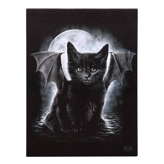 Black Bat - Cat against Full Moon | Canvas Plaque (19x25cm) | Calming Colour