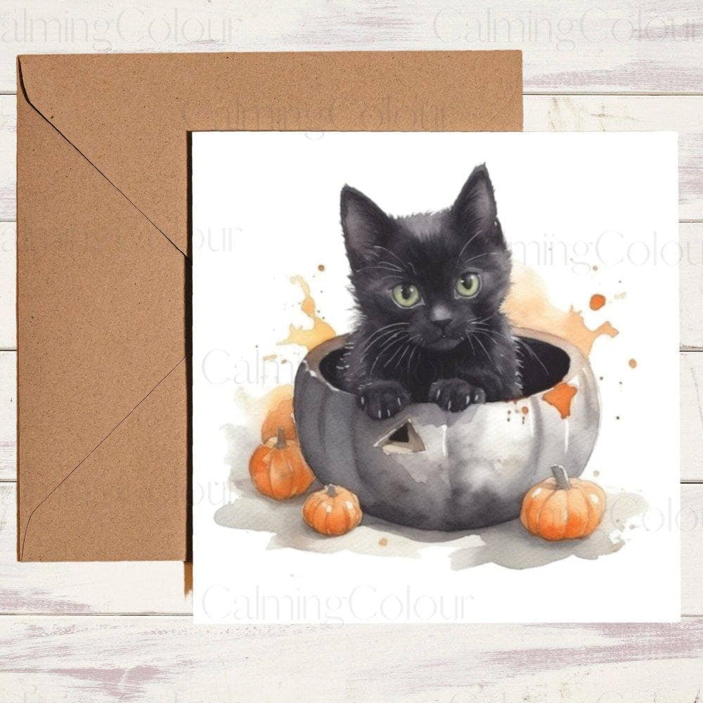 Black Cat in a Carved Pumpkin | Halloween Card | Halloween Card