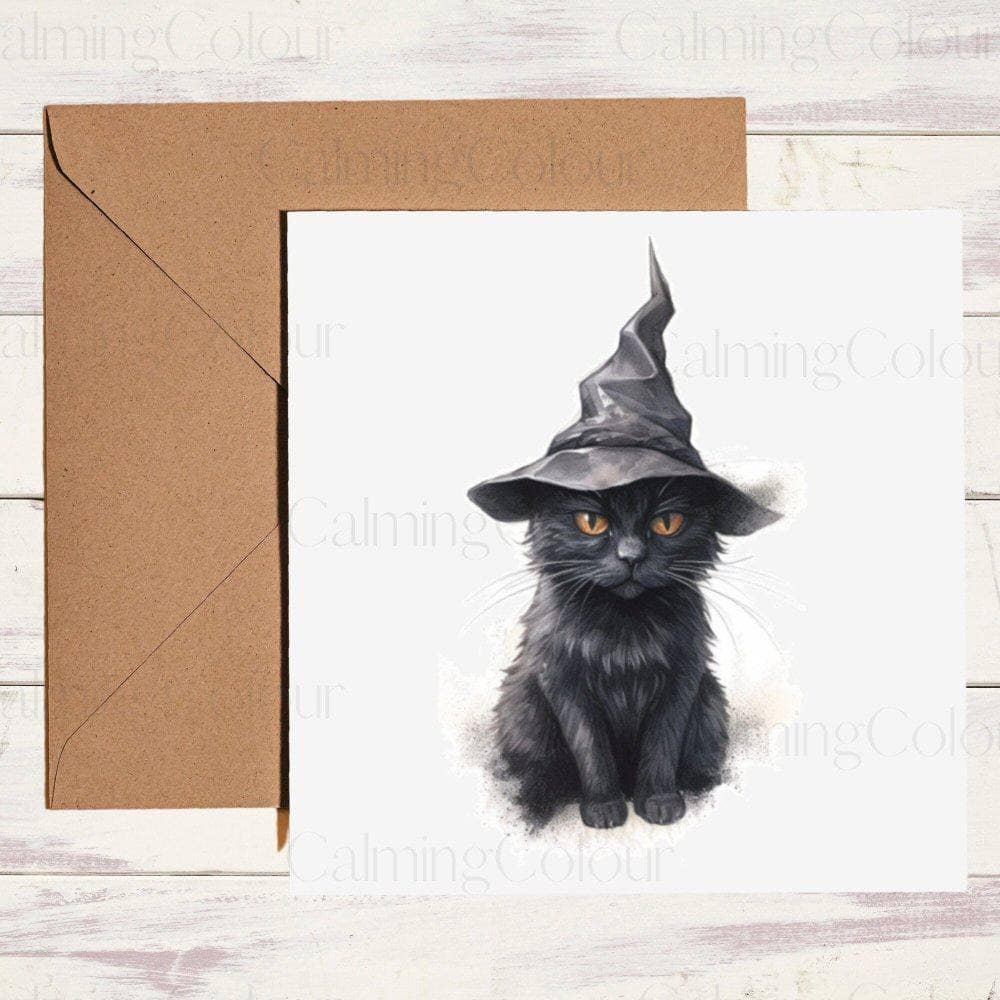 Black Cat wearing Witches Hat | Birthday Card | Halloween | Calming Colour