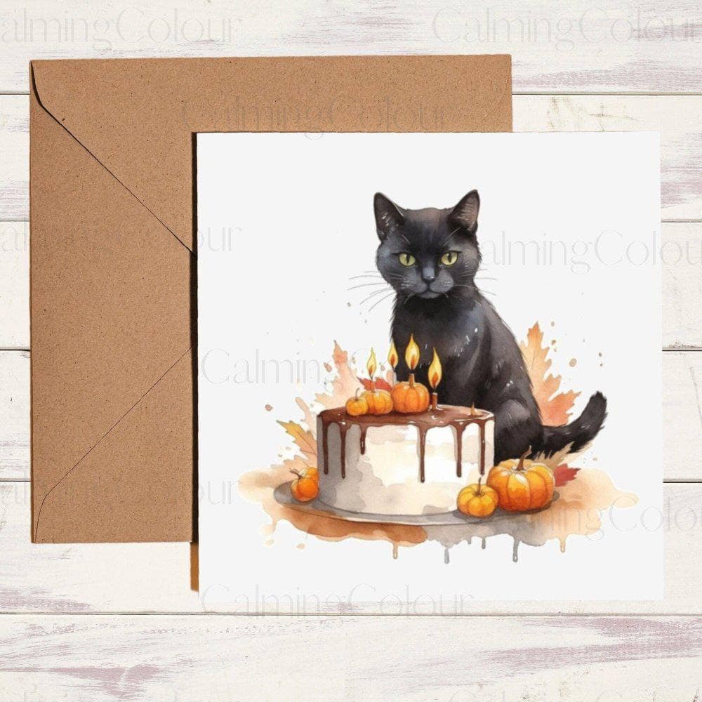 Black Cat with Colourful Cake | Birthday Card | Birthday Card