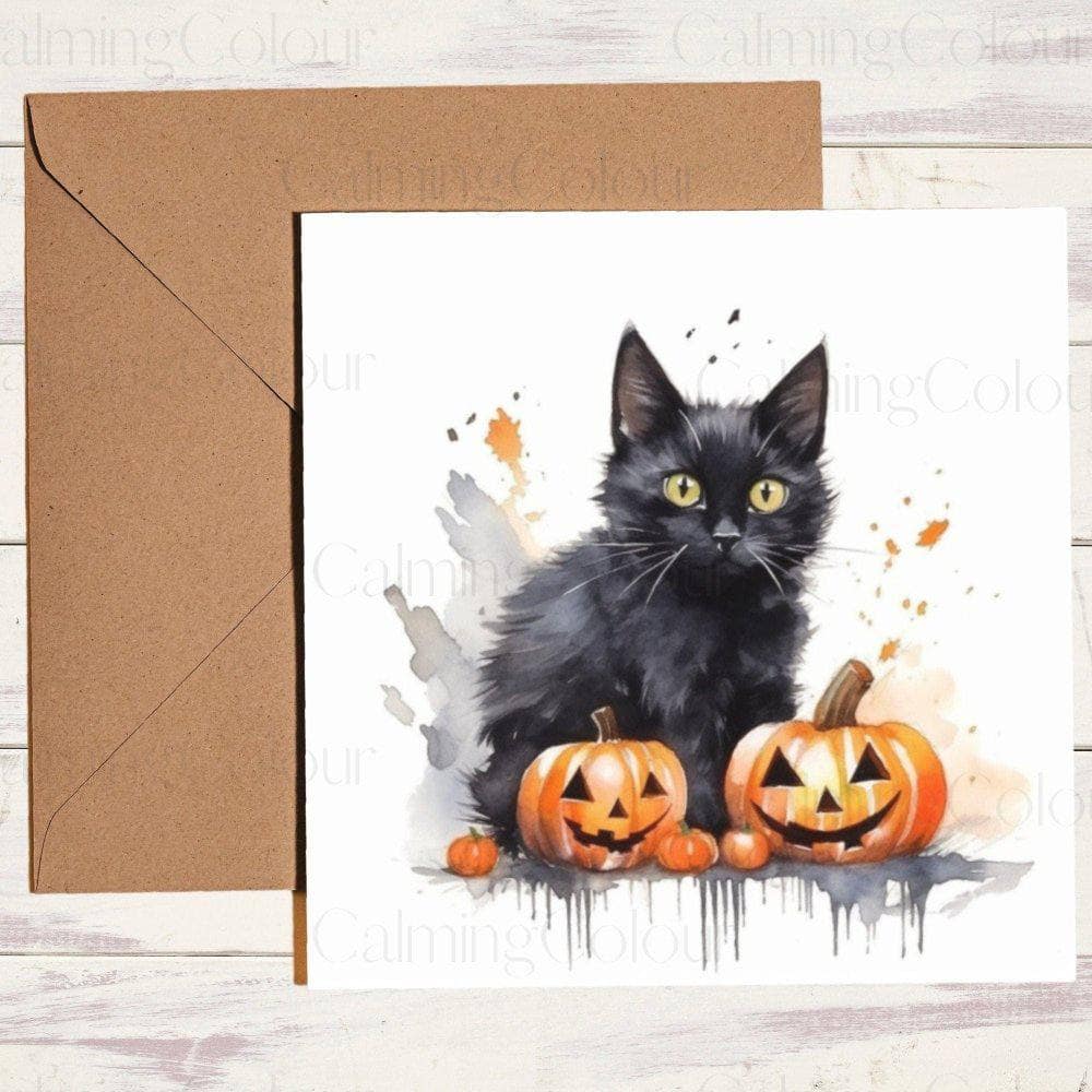 Black Cat with two Pumpkins | Greeting Card | Halloween | Calming Colour