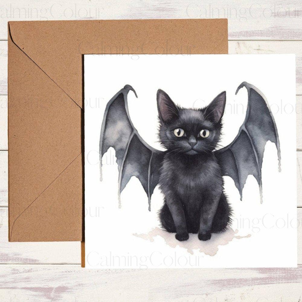 Black Cat with Wings | Halloween Card | Calming Colour