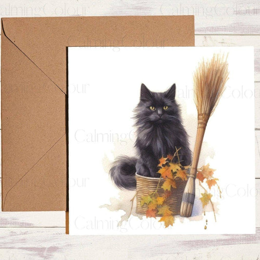 Black Cat with Witches Broomstick| Halloween Card | Autumn | Calming Colour