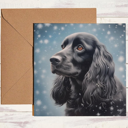 Black Cocker Spaniel in Snowy Scene | Christmas Card | Christmas Card
