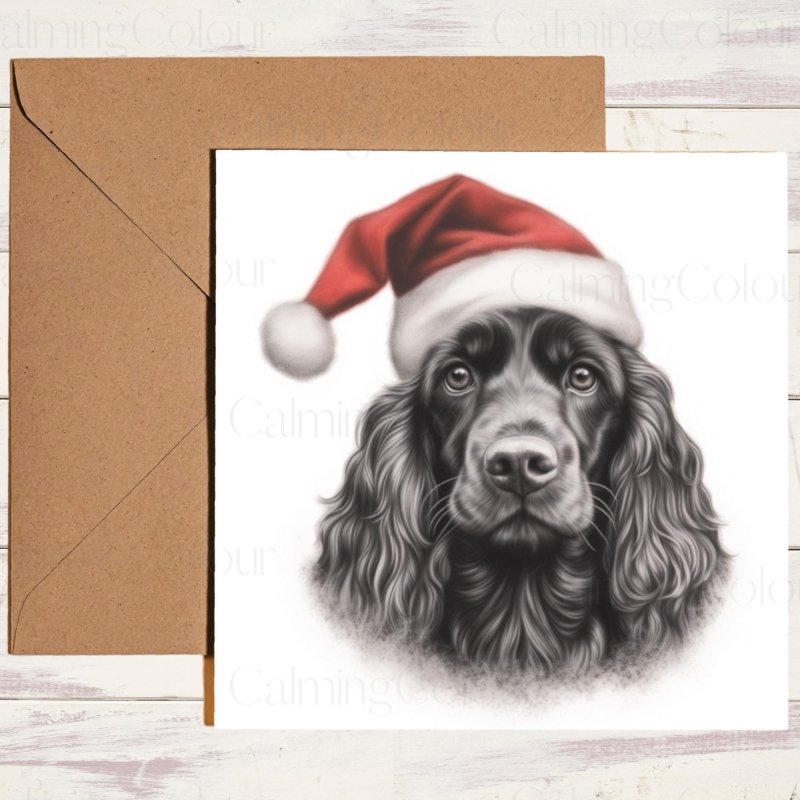 Black Cocker Spaniel | Red Santa Hat Christmas Card | Christmas Card