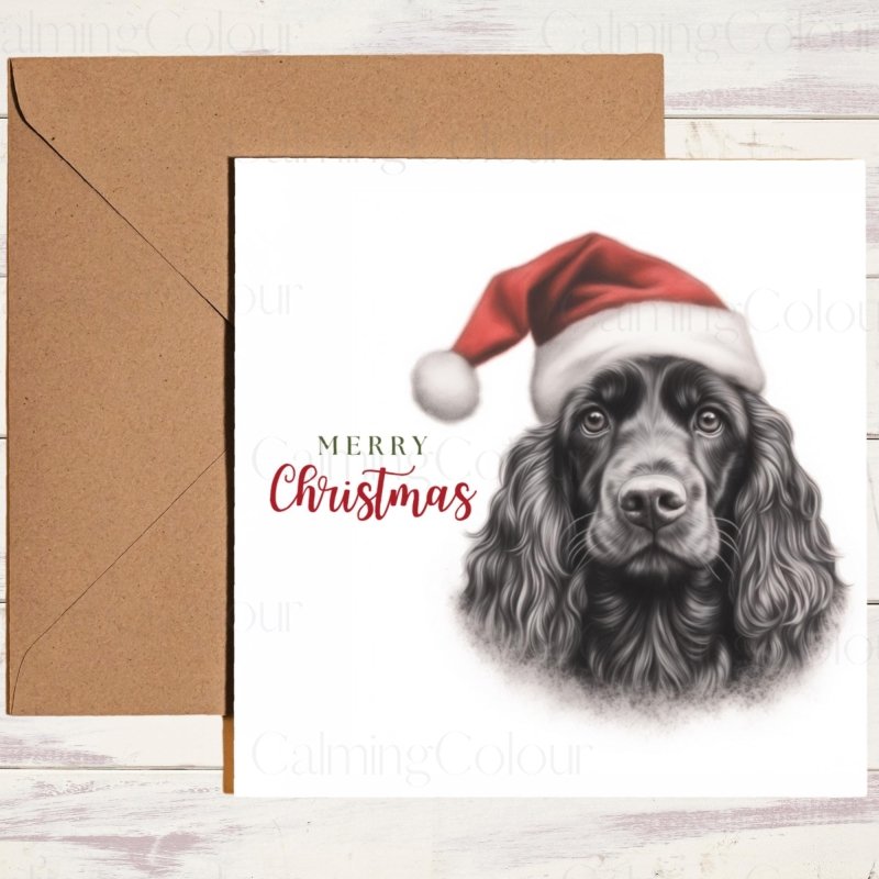 Black Cocker Spaniel | Red Santa Hat Christmas Card | Christmas Card