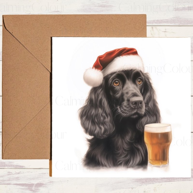 Black Cocker Spaniel with Pint | Christmas Greeting Card | Christmas Card