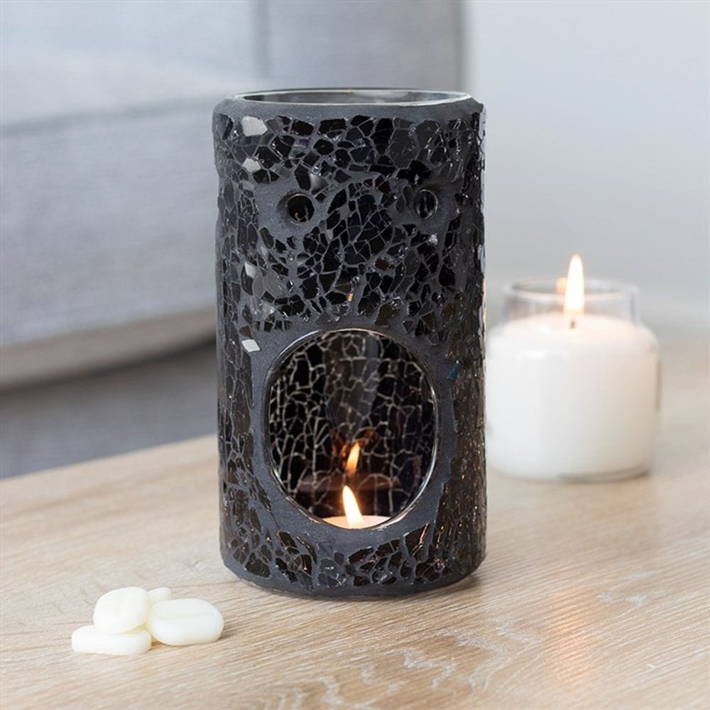 Black Crackle Glass Pillar Oil Burner | Calming Colour