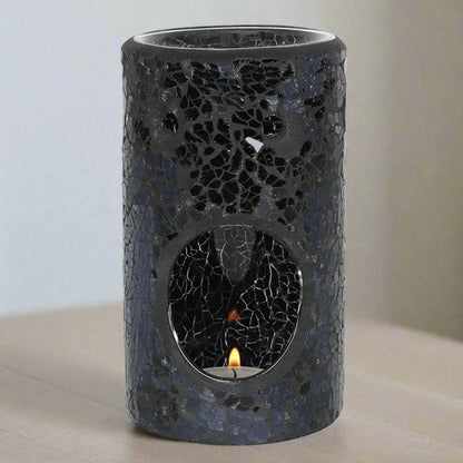 Black Crackle Glass Pillar Oil Burner | Calming Colour