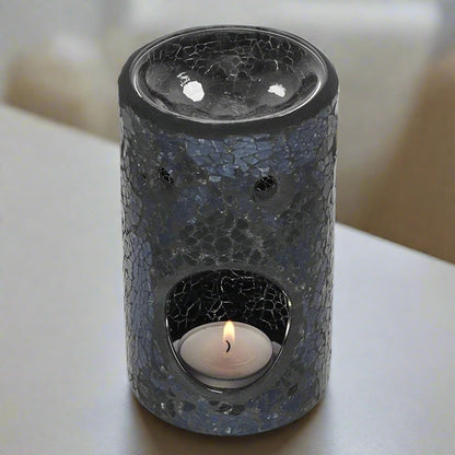 Black Crackle Glass Pillar Oil Burner | Calming Colour