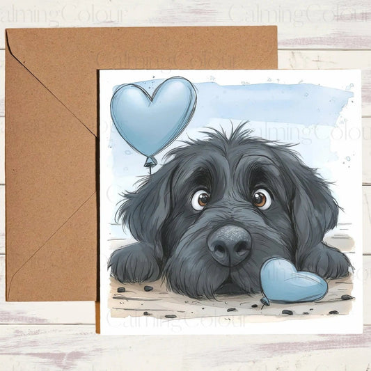 Black Dog with Blue Balloon | Greeting Card | Calming Colour