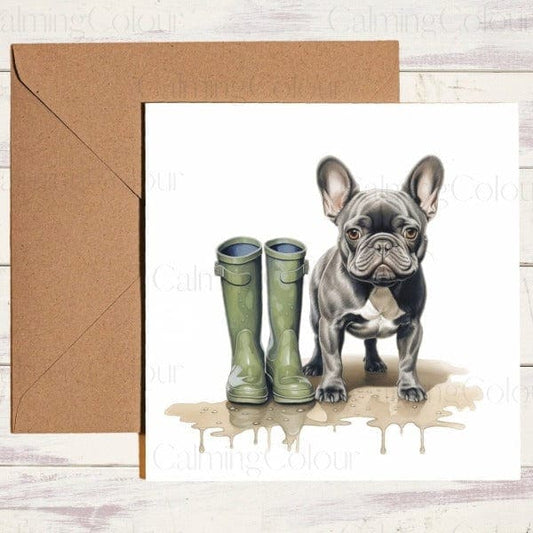 Black French Bulldog | Green Wellies | Birthday Card | Birthday Card