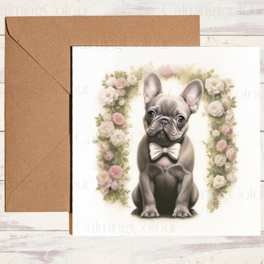 Black French Bulldog In Front Of Floral Wedding Arch | Calming Colour