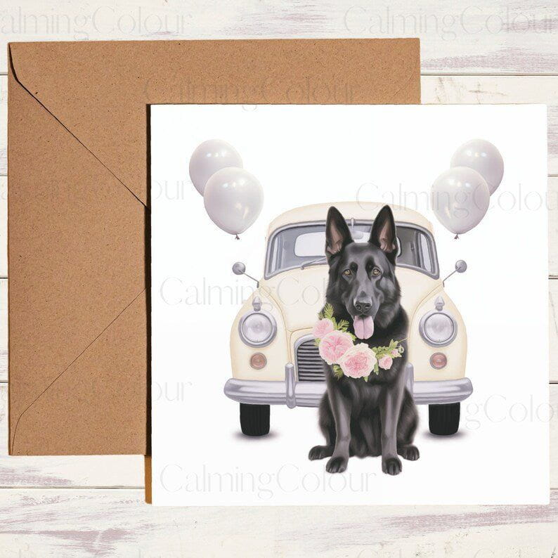 Black German Shepherd and Wedding Car | Wedding Card | Calming Colour