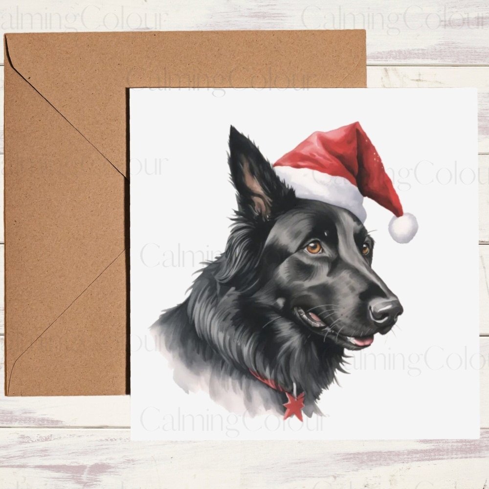 Black German Shepherd wearing Red Santa Hat | Christmas Card | Calming Colour