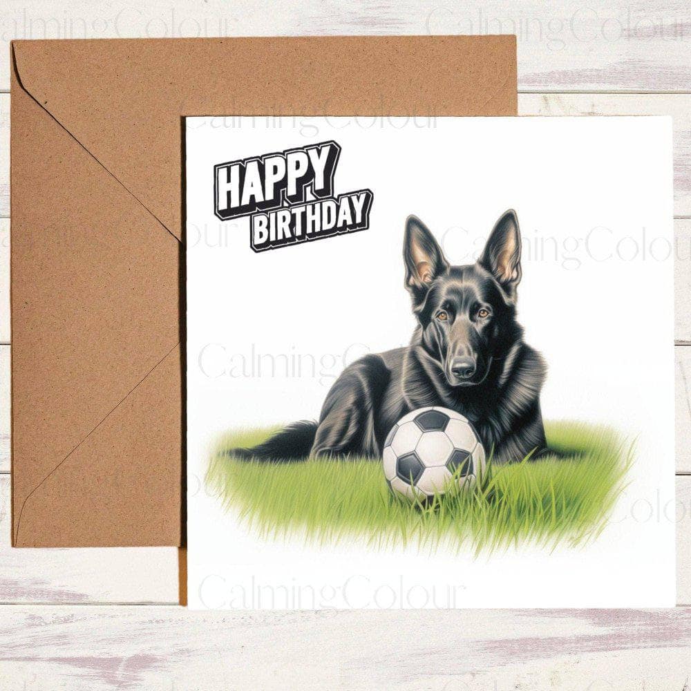 Black German Shepherd with a Football | Birthday Card | Calming Colour