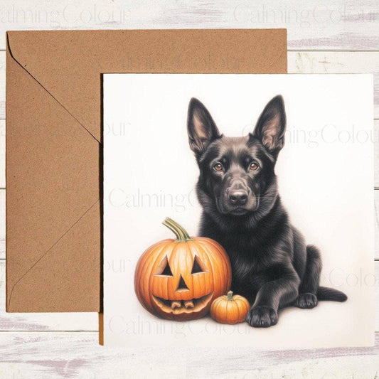 Black German Shepherd with a Smiling Pumpkin | Birthday Card | Birthday Card