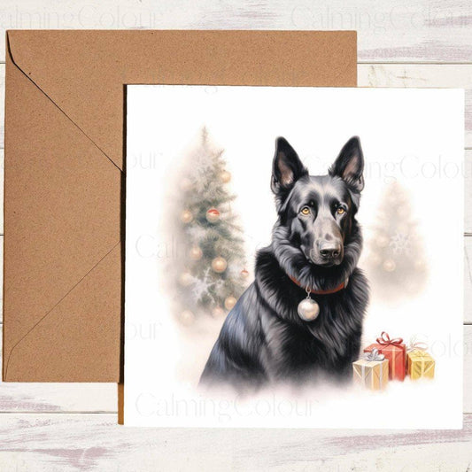 Black German Shepherd with Christmas Tree | Christmas Card | Calming Colour