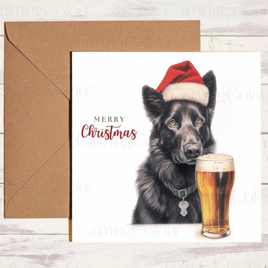 Black German Shepherd with Pint and Red Santa Hat | Christmas Card | Calming Colour