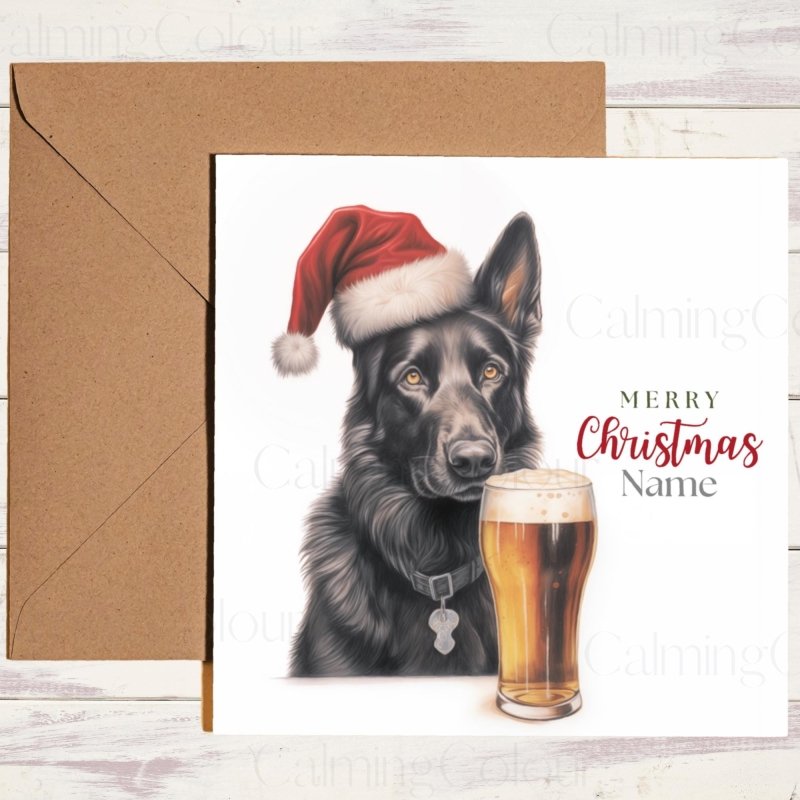Black German Shepherd with Santa Hat and Pint | Christmas Card | Christmas Card