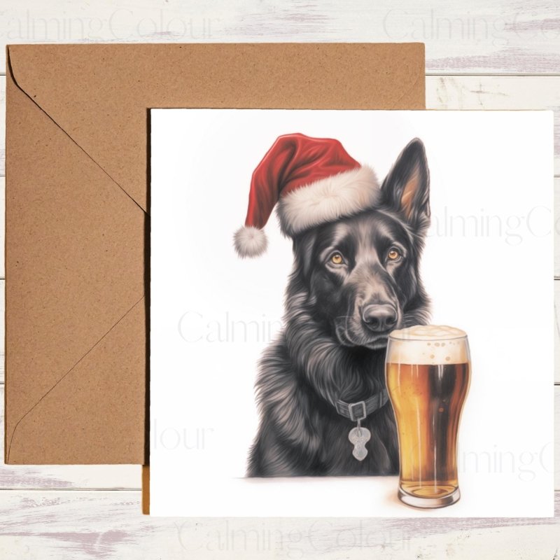 Black German Shepherd with Santa Hat and Pint | Christmas Card | Christmas Card