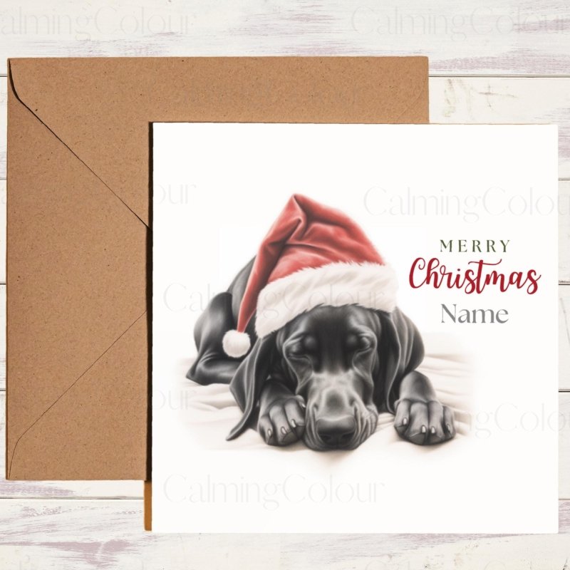Black Great Dane Asleep in Santa Hat | Christmas Card | Christmas Card