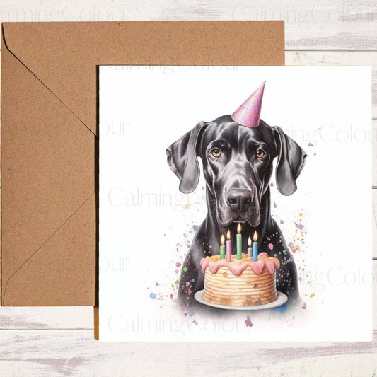 Black Great Dane | Colourful Cake and Party Hat | Birthday Card | Birthday Card