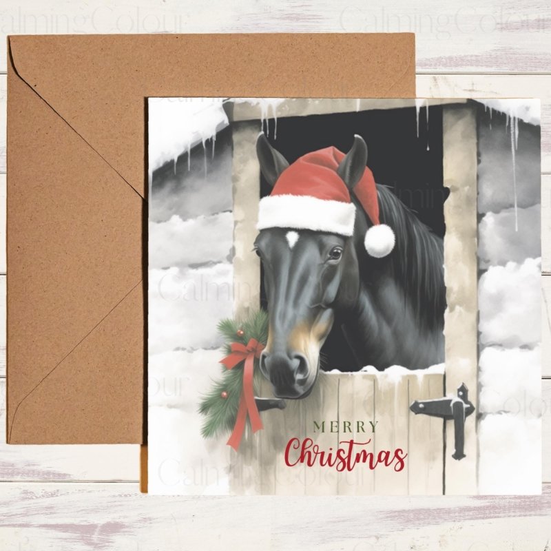 Black Horse in Snowy Stable | Christmas Greeting Card | Christmas Card