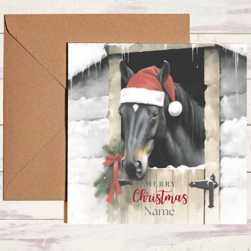 Black Horse in Snowy Stable | Christmas Greeting Card | Christmas Card