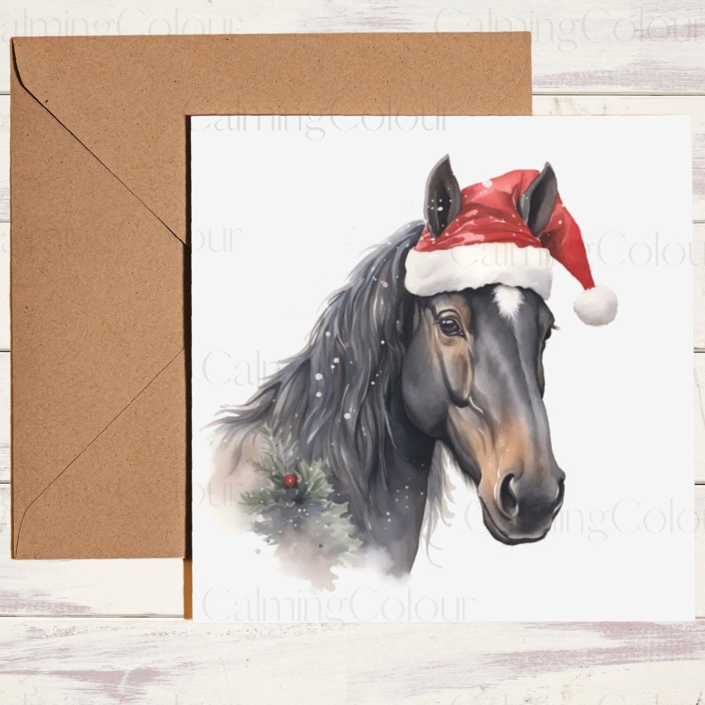 Black Horse wearing Red Santa Hat | Christmas Card | Calming Colour