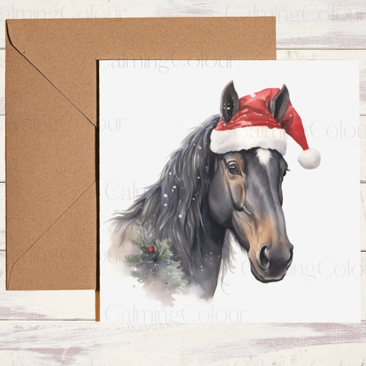 Black Horse wearing Red Santa Hat | Christmas Card | Christmas Card