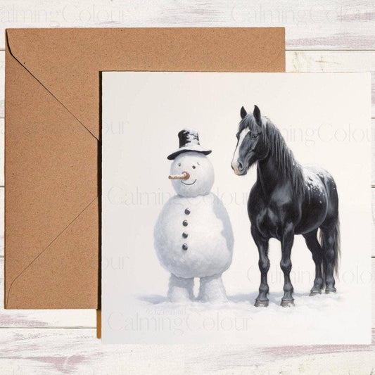 Black Horse with a Snowman | Christmas Card | Christmas Card