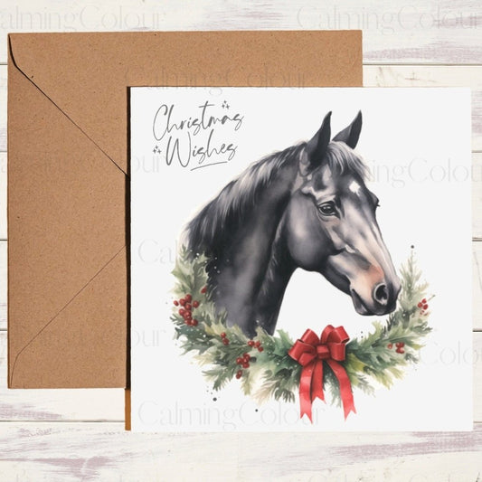 Black Horse with Christmas Wreath | Christmas Card | Calming Colour