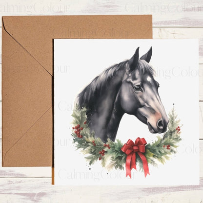 Black Horse with Christmas Wreath | Christmas Card | Calming Colour