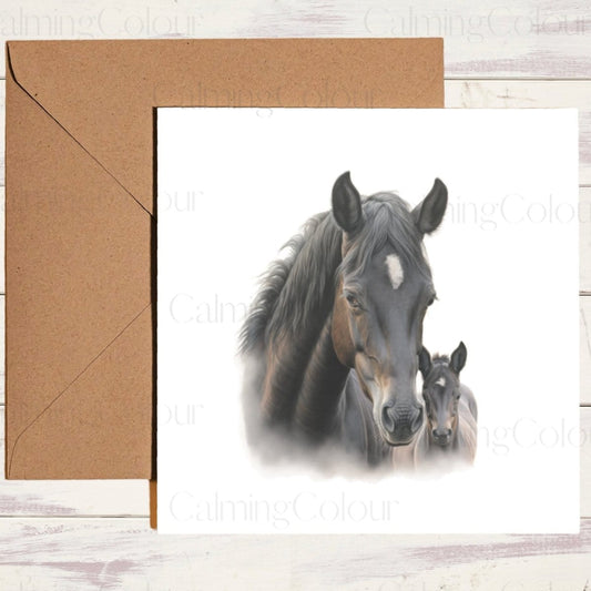 Black Horse with Foal | Mother's Day Card | Calming Colour