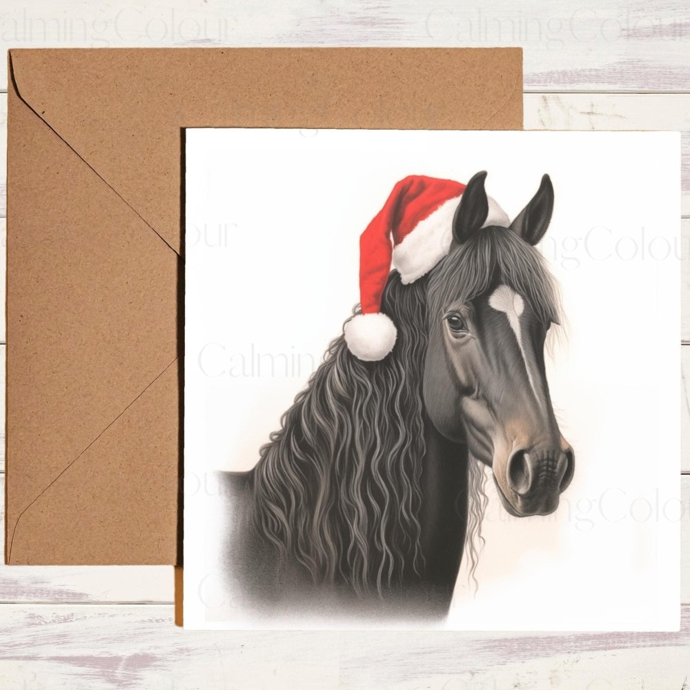 Black Horse with Red Santa Hat | Christmas Card | Calming Colour