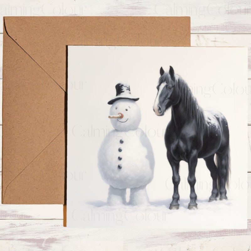 Black Horse with Snowman | Christmas Card | Christmas Card