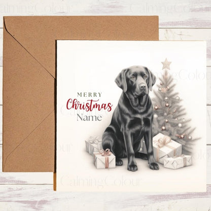Black Labrador by Christmas Tree | Christmas Card | Christmas Card