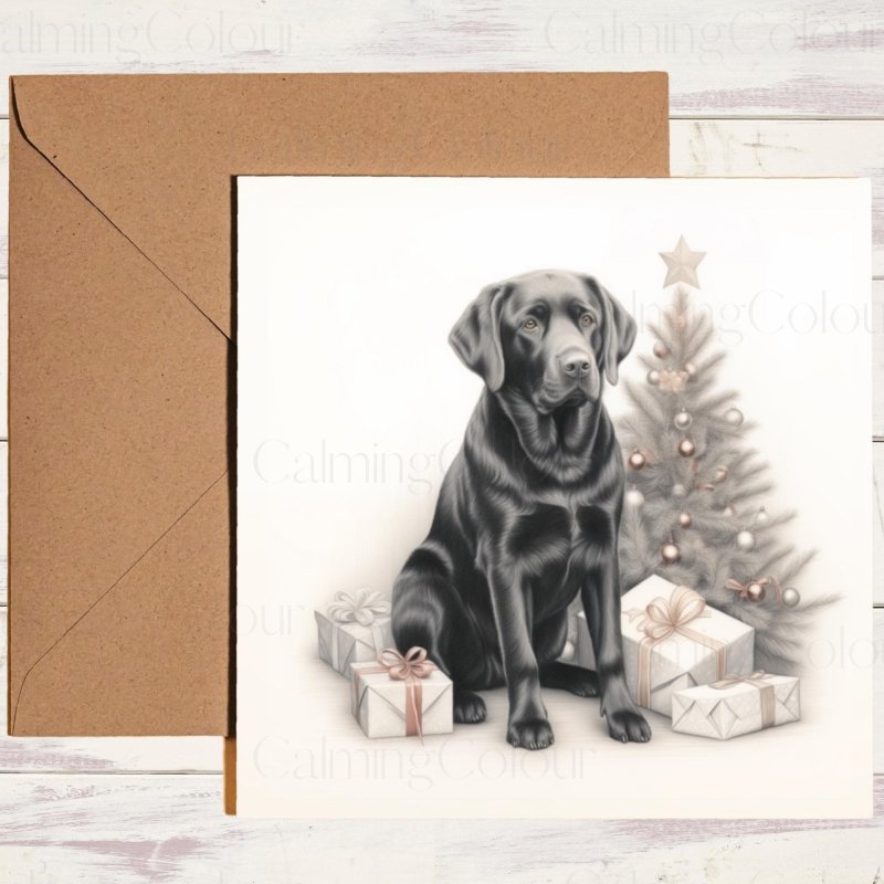 Black Labrador by Christmas Tree | Christmas Card | Christmas Card